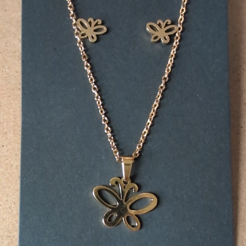 Gold Stainless Steel Butterfly Necklace and Earring Set